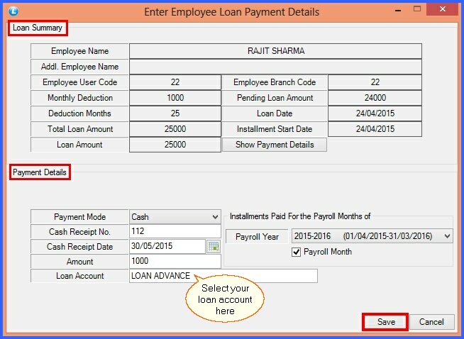 payroll wrkr wise loan instalment receiot through cash or bank header payment